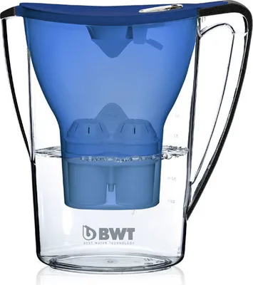 A BWT Penguin Ocean Blue water filter pitcher filled with water.
