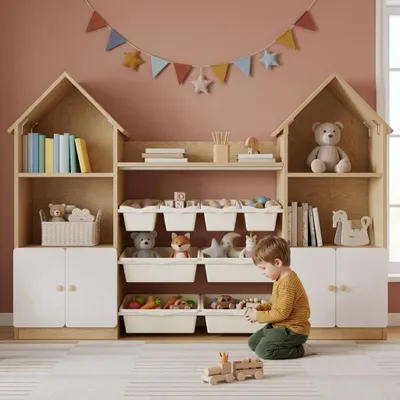 Produktbild von Merax Kinderregal in Hausform 171,5x30x125 cm, 8 herausnehmbare Aufbewahrungsboxen, offene Regale, Türen, Kindershrank, Weiß & Natur, KI-generiertes Bild