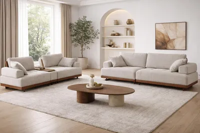 Produktbild von Braun-Beige Polstergarnitur Designer 4-Sitzer Dreisitzer Holztisch