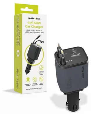 Image de Chargeur de voiture Mobile Origin 4-en-1 50 W Ca28 - USB-C + USB-A, avec câbles USB-C et Lightning