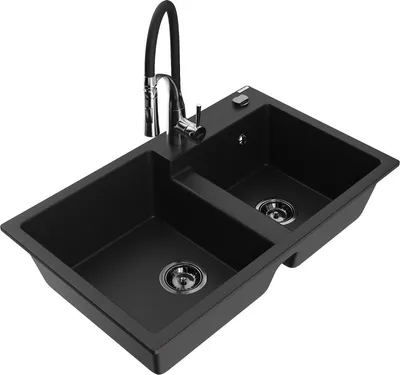 Produktbild von Mexen Tomas 2-Becken-Granitspüle mit Mischbatterie Aster, Schwarz - 6516-77-73450-07-B