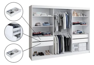 Produktbild von Schwebetürenschrank, 3-türig Schrank mit 4 Schubladen! Moderne Garderobe für Kleidung. Verschiedene Farben (Weiß, Schwarz, Somona) Kleiderschrank  MERO 200 cm
