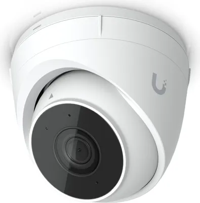 A white dome security camera is shown against a white background.