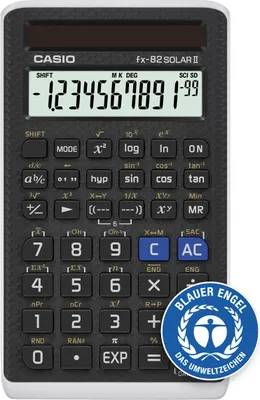 A Casio fx-82 SOLAR II calculator is shown against a white background. A blue circular emblem with text is overlaid on the bottom right corner.