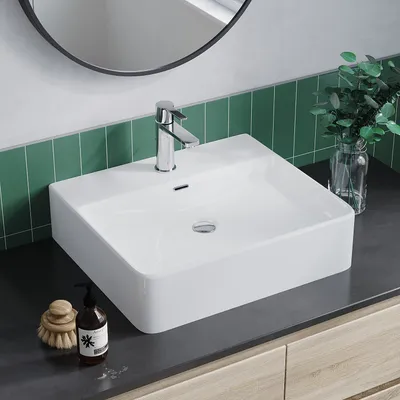 Produktbild von Waschbecken Aufsatzwaschbecken rechteckig aus Keramik Weiß mit Überlauf mit Hahnloch 50x42x13,5 cm