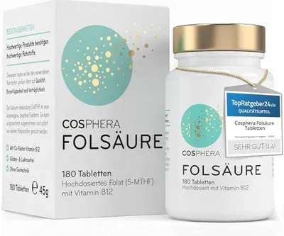 Produktbild von Cosphera Folsäure 800 µg mit Vitamin B12 & 5-MTHF – 180 vegane Tabletten
