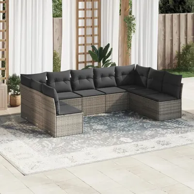 Produktbild von Design 9-tlg. Garten-Sofagarnitur mit Kissen Grau Poly Rattan, Gartenmöbel-Sets 2024 Neu