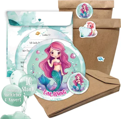 10x Einladungskarten Geburtstag & Mitgebseltüten Meerjungfrau  | Kraftpapiertüten, Aufkleber, Karten, Umschläge Set für den Kindergeburtstag | Der perfekte Geburtstags-Hit für Mädchen