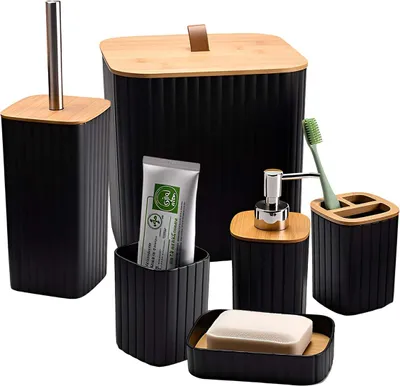 Image de Avizar, ensemble d'accessoires de salle de bain 6 pièces avec poubelle et distributeur de savon, noir