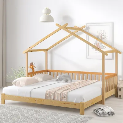 Produktbild von Merax Dětská postel 90x200cm/180x200cm Rozkládací postel s ochranou proti vypadnutí a tvarem střechy, masivní dřevo, jednolůžko a dvoulůžko Dětský domeček