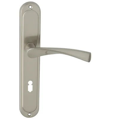 Produktbild von DOMINO Türgriff 72 Drückergarnitur BB-Buntbart Set | Langschildgarnitur | Türklinke für Zimmertür, Bürotür, Kellertür & Innentür | L-Form | Türbeschläge aus Aluminiuml |Nickel Türdrückergarnitur |ROMANA M9