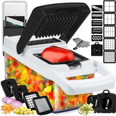 Productafbeelding van 25-in-1 groentesnijder en mandolinesnijder - voedselhakmolen met container en groente-spiralizer - groentesnijder, dicer en snijmachine voor salade, ui, aardappel en tomaat - keukengadget - 13 messen