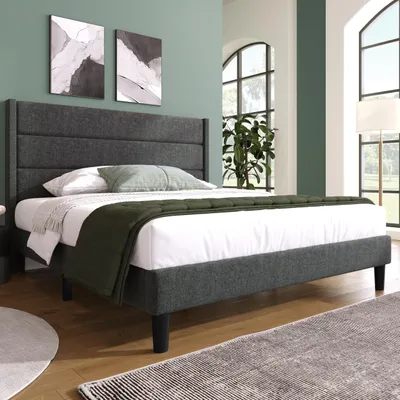 Image de Lit rembourré 140 x 200 cm avec sommier à lattes et tête de lit, lit double rembourré pour adolescent, aspect lin, silencieux et stable, sans matelas, gris foncé