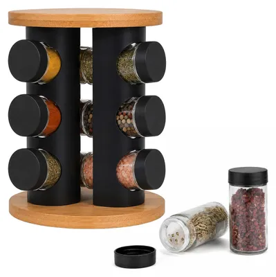 Produktbild von Relaxdays Gewürzkarussell, 12 Gläser, 360° drehbarer Gewürzständer, HD: 22x19,5 cm, Bambus & Edelstahl, natur/schwarz