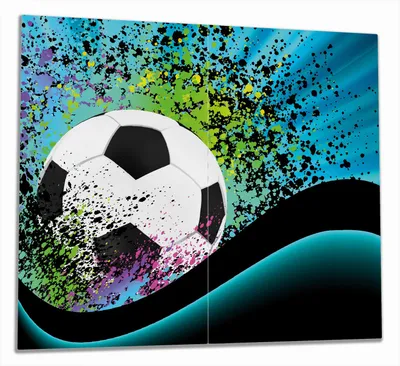 Produktbild von Wallario Herdabdeckplatte aus Glas, Größe 60 x 52 cm 2-teilig, Motiv Fußball - Design Wellen und Regenbogen in blau