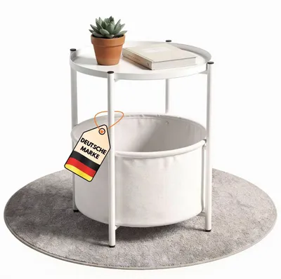 Produktbild von Couchtisch rund NINA aus Metall Weiß Ø 45 cm mit Aufbewahrungskorb, Tischplatte als Tablett nutzbar, Beistelltisch mit Ablage - Wohnzimmertisch, Sofatisch, Gartentisch mit Stoffkorb, zerlegt