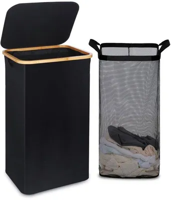 Productafbeelding van Unyqoos® wasmand met deksel – 120 liter, inklapbare, stevige wasmand met afneembaar netzak, 35 x 45 x 76,2 cm