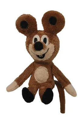 A plush toy mouse sitting against a white background.