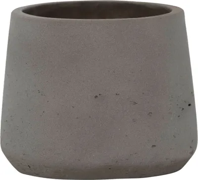 A close-up studio shot of a single gray and brown concrete pot.