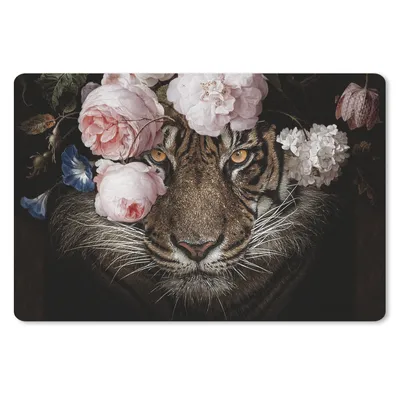 Produktbild von MuchoWow® Schreibtischunterlage Tiger - Blumen - Porträt 60x40 cm - XXL Mauspad - Großes Mauspad