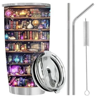 Produktbild von Thermo Becher 600ml Edelstahl Doppelwandig 6h Kalt/Heiß mit 2 Strohhalmen & Deckel