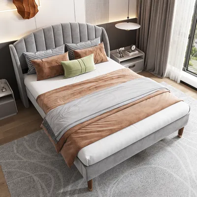 A bedroom scene with a bed, nightstand, and window.