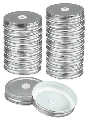 Mason-Deckel 70 mm, Metall, mit Strohhalm-Loch, 24 Stück, Silber