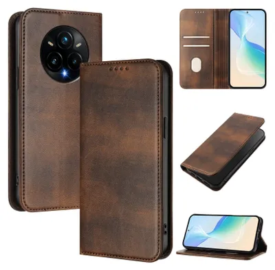 Image de Étui pour Realme 14 Pro+, étui en cuir vintage avec protection RFID, fentes pour cartes, support Marron