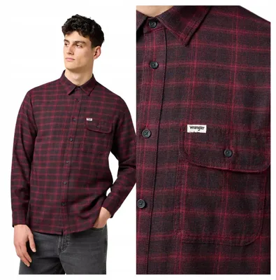 Immagine prodotto di Wrangler | Camicia in flanella da uomo, modello a un bottoncino, colore bordeaux, in cotone a quadri, vestibilità regular, taglia M