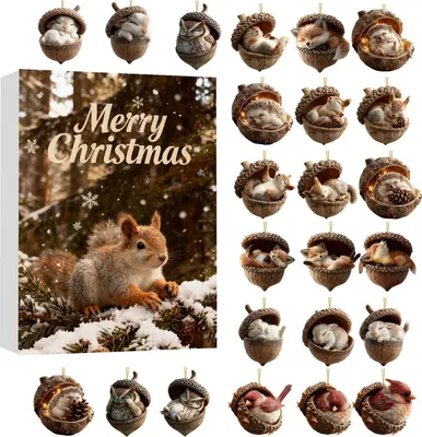Produktbild von Adventskalender 2025 mit Waldtier-Eichel-Ornamenten, 2D-Acryl-Weihnachtsbaumschmuck-Set mit Tannenzapfen-Tier-Countdown-Dekoration für den Weihnachtsbaum