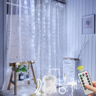 Obrázek produktu pro Osvětlení závěsů, rozměry 3x3 metry - 300 LED diod, světelná girlanda s dálkovým ovládáním a časovačem - Voděodolná - 8 režimů