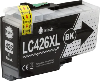 A black and white ink cartridge with yellow pull tabs and text labels.
