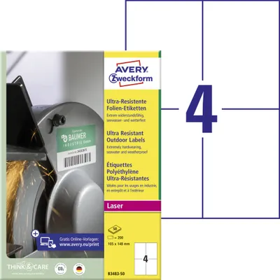 Produktbild von Avery Zweckform B3483-50 Ultra-Resistente Folien-Etiketten, 105 x 148 mm, 50 Bogen/200 Etiketten, weiß