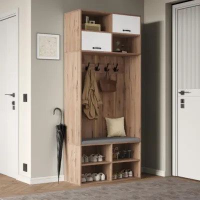 Produktbild von Garderobenset, Komplett-Set Flurgarderobe mit Sitzbank, 5 Haken, 2 Türen 80×185×35 cm (B×H×T)