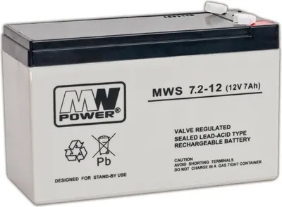 Produktbild von MW Power MWS 7.2-12, Plombierte Bleisäure (VRLA), 12 V, 1 Stück(e), Schwarz, Grau, 7,2 Ah, 5 Jahr(e)