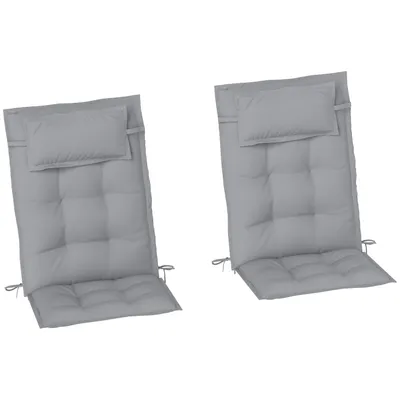 Two grey chair cushions with headrests are shown against a white background.
