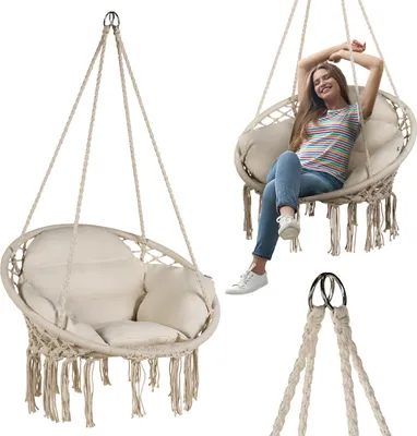 Image de Fauteuil suspendu Luverno® avec coussin - diamètre 62 cm - jusqu'à 150 kg - pouf, balancelle pour l'extérieur, le jardin, le balcon, la maison
