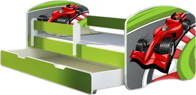 A children's bed with a race car theme, including a pull-out drawer.