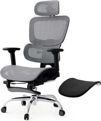 Produktbild von Ergonomischer Bürostuhl Voll-Mesh mit Abnehmbarem Kissen, Fußstütze, Höhenverstellbarem Rückenlehne, Kopfstütze & Armlehnen, Selbstanpassende Lendenstütze, PolyurethanRollen, 360° Drehbar, 150 kg , Dunkelgrau
