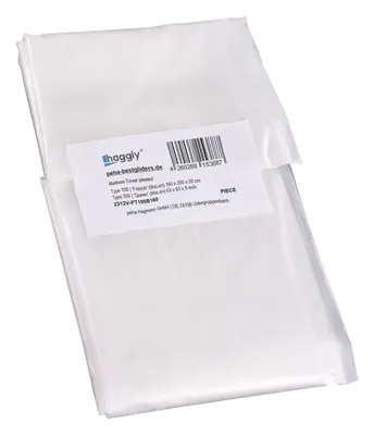 A white mattress cover is folded and presented in its packaging, with a label attached.