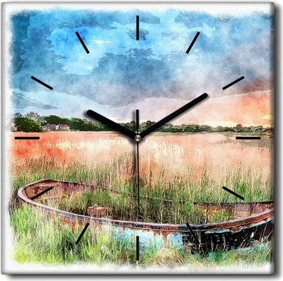 Produktbild von Coloray Uhr auf Leinwand 30x30 cm Wand Uhr Dekoration Wohnzimmer Segeltuch schwarze Hände -Sonnenaufgangboot