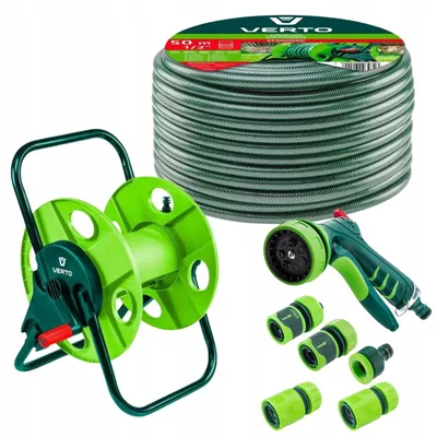 Produktbild von VERTO Schlauchtrommel + Gartenschlauch 50m + Wasserspritze + 3 x Schlauchverbinder, Wasserstop, Hahnverbinder