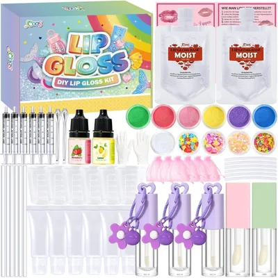 Image de Kit de fabrication de gloss à lèvres, idéal pour adultes et enfants. Ce kit de maquillage non toxique contient 12 tubes de gloss, des paillettes et des parfums