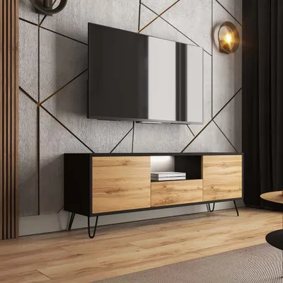 Produktbild von Selsey TV-Lowboard PLOYSTEA - TV-Schrank  in Schwarz / Wotan Eiche mit offenem Fach, 3 geschlossenen Fächern und LED, modern, 137 cm breit