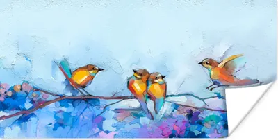 Produktbild von MuchoWow® Poster Gemälde - Ölfarbe - Vogel - Zweig 40x20 cm - Poster für die Wand - Poster Schlafzimmer