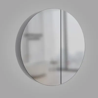 A round medicine cabinet with two doors, shown against a plain gray background.
