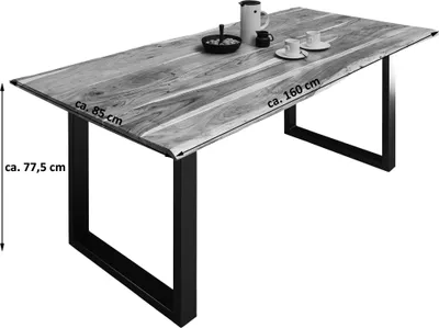 Produktbild von Esszimmertisch 160x85 cm Milo, echte Baumkante, naturfarben, massiver Esstisch aus Akazienholz, Metallbeine Silber, Baumkantentisch