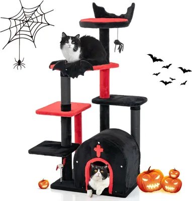 A Halloween-themed cat tree with two cats, decorated with spiderwebs, bats, and pumpkins.