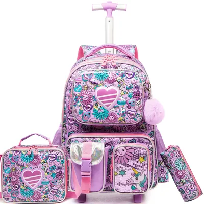 Image de Valise de voyage pour enfants, motif cœur, 43x30x20 cm, rose, idéale pour l'école et les excursions
