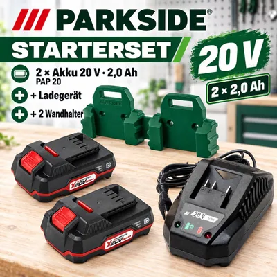 Produktbild von Starterset  Parkside 2 x  Akku 20 V  2.0 Ah  PAP 20 und Ladegerät 2 Wandhalter